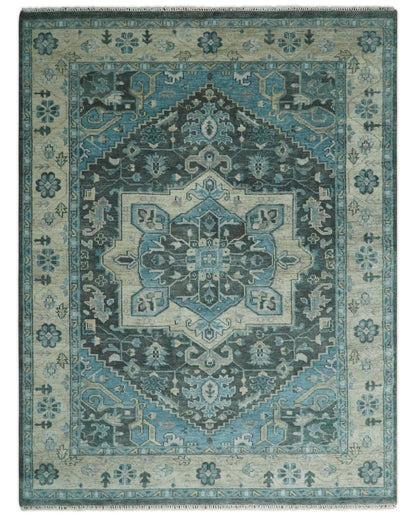 Antique look Hand Knotted Beige and Blue Traditional Heriz Wool Area Rug.