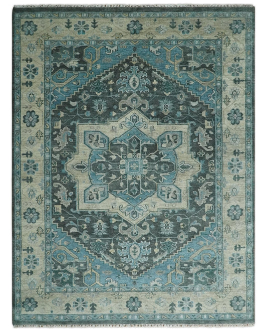 Antique look Hand Knotted Beige and Blue Traditional Heriz Wool Area Rug.