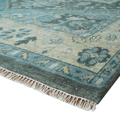 Antique look Hand Knotted Beige and Blue Traditional Heriz Wool Area Rug.