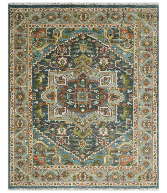 Hand Knotted Charcoal, Camel and Teal Traditional Heriz Multi size Wool Area Rug.