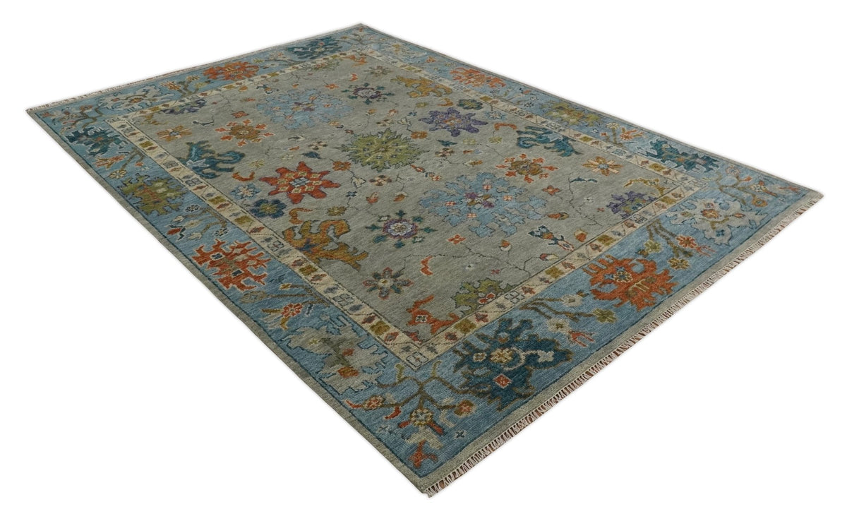 Antique Hand Knotted Gray, Beige and Blue Traditional Oushak Vintage Style Multi Size Wool area Rug.