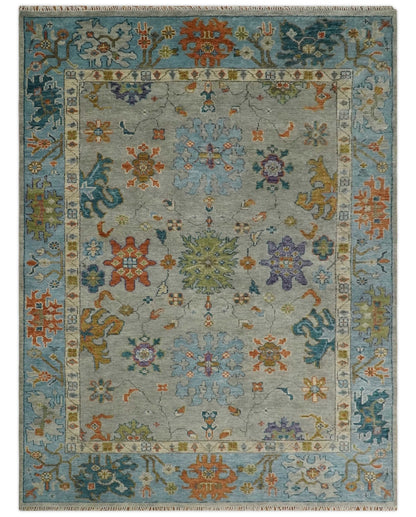 Antique Hand Knotted Gray, Beige and Blue Traditional Oushak Vintage Style Multi Size Wool area Rug.