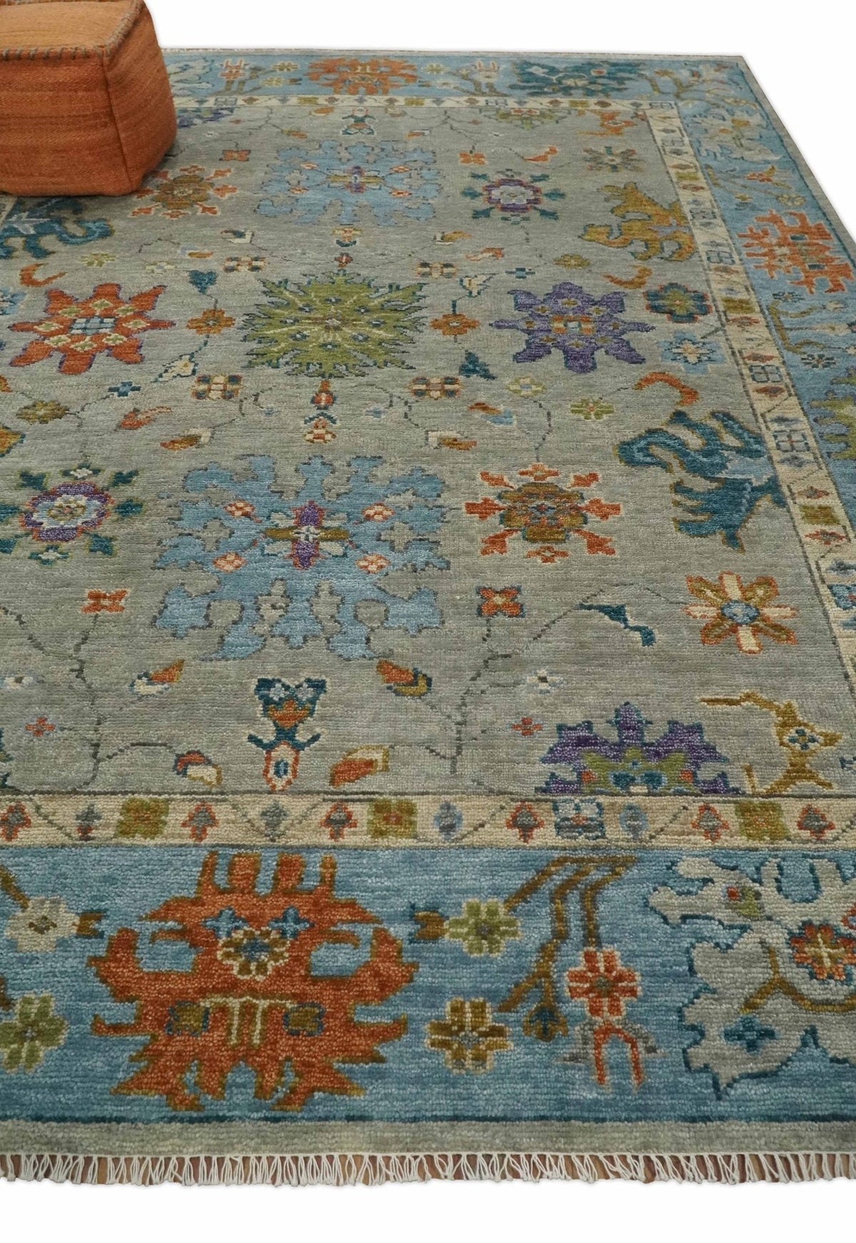Antique Hand Knotted Gray, Beige and Blue Traditional Oushak Vintage Style Multi Size Wool area Rug.