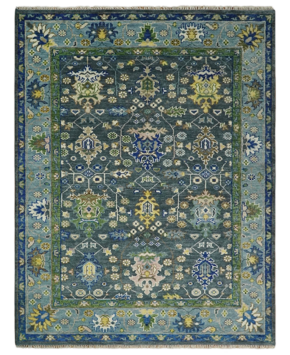 Antique Design Hand Knotted Charcoal, Green Moss and Blue Oushak Custom Made Rug.