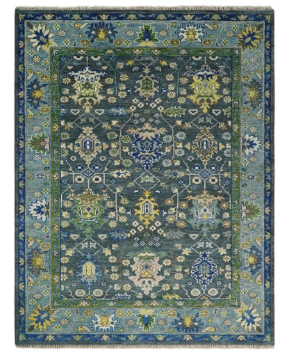Antique Design Hand Knotted Charcoal, Green Moss and Blue Oushak Custom Made Rug.