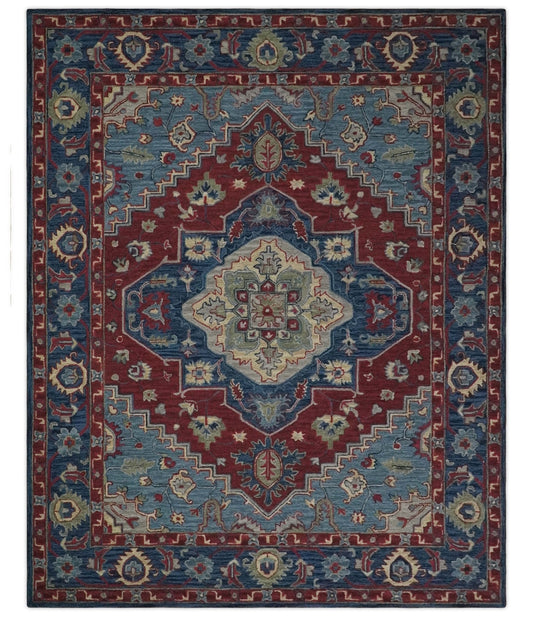 Antique look Maroon and Blue Hand Tufted Traditional Medallion wool Area Rug.