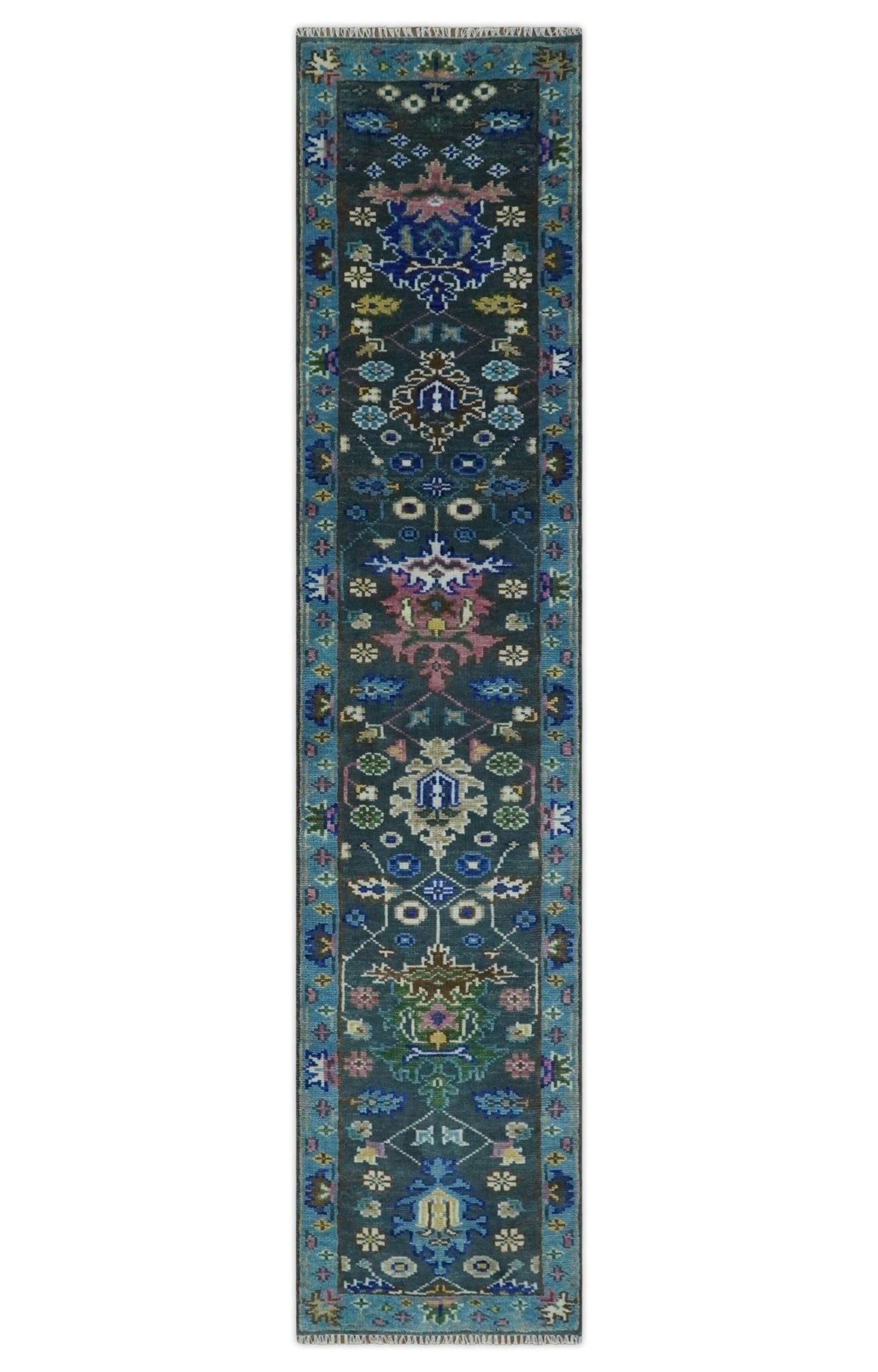 Antique Design Hand Knotted Charcoal, Green Moss and Blue Oushak Custom Made Rug.