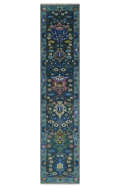 Antique Design Hand Knotted Charcoal, Green Moss and Blue Oushak Custom Made Rug.