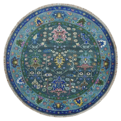 Antique Design Hand Knotted Charcoal, Green Moss and Blue Oushak Custom Made Rug.