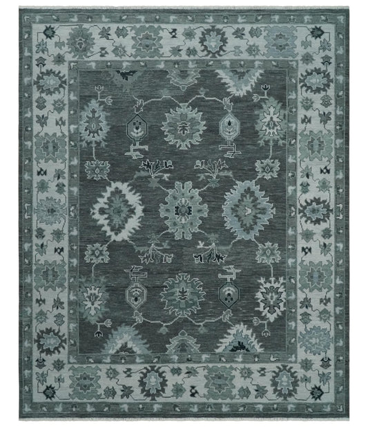 Antique Hand Knotted Charcoal and Silver Traditional Oushak Wool Area Rug.