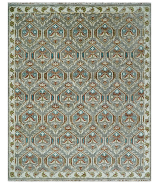 Antique look Traditional Hand Knotted Silver, Ivory and Rust Wool Area Rug.