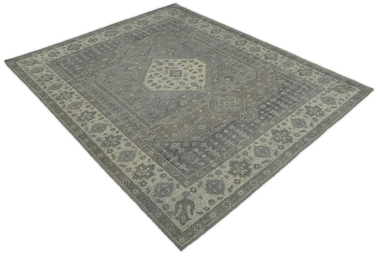 Custom Made Vintage Distressed Hand Knotted Serapi Gray and Beige Wool Area Rug.