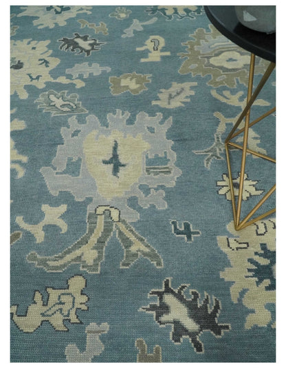 Antique Charcoal and Beige Hand Knotted Traditional Oushak Wool Area Rug.