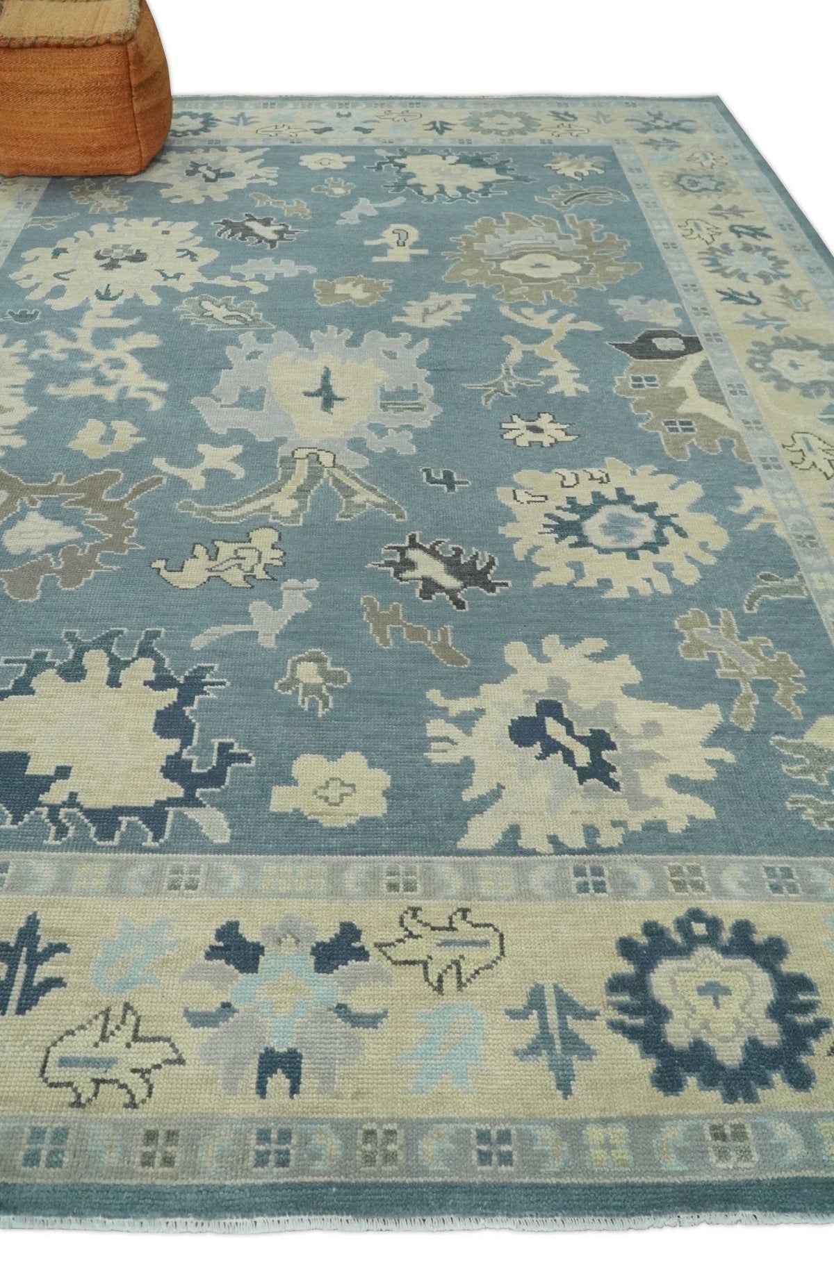 Antique Charcoal and Beige Hand Knotted Traditional Oushak Wool Area Rug.