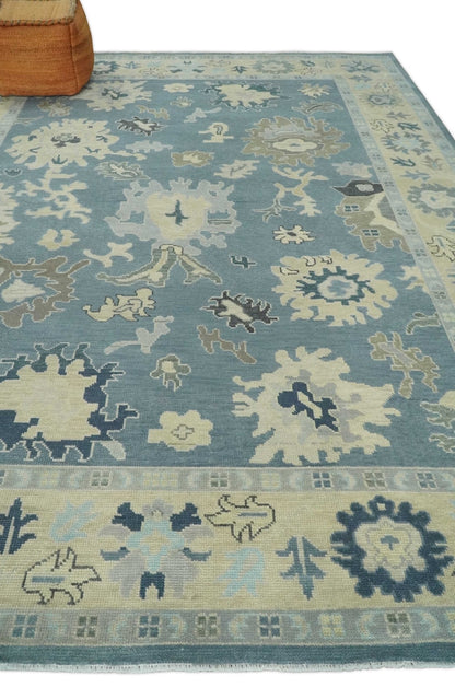 Antique Charcoal and Beige Hand Knotted Traditional Oushak Wool Area Rug.