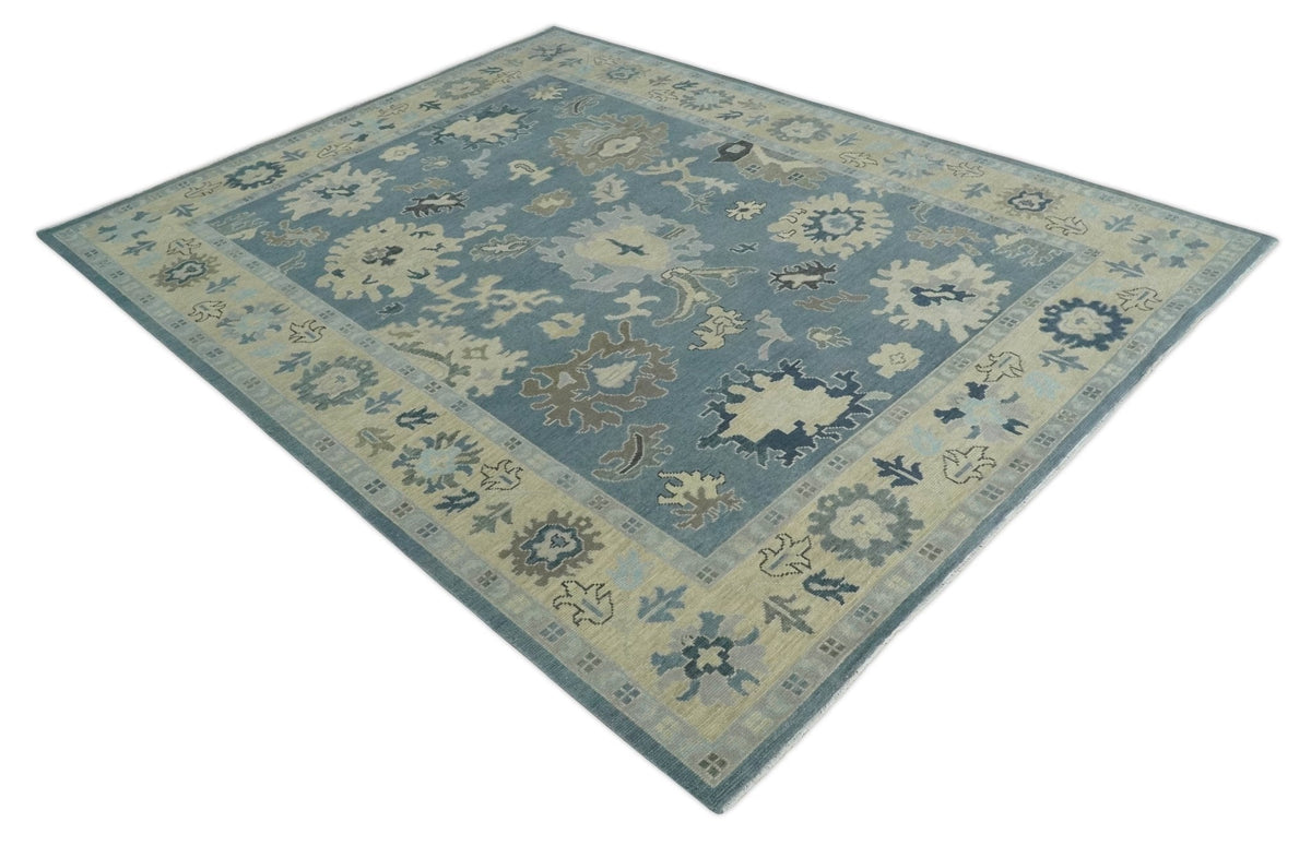Antique Charcoal and Beige Hand Knotted Traditional Oushak Wool Area Rug.