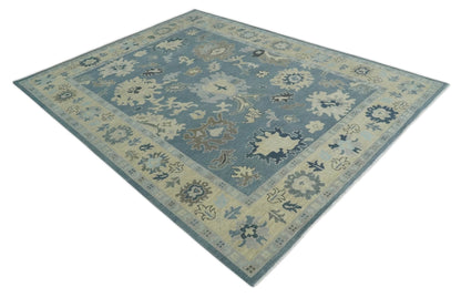 Antique Charcoal and Beige Hand Knotted Traditional Oushak Wool Area Rug.