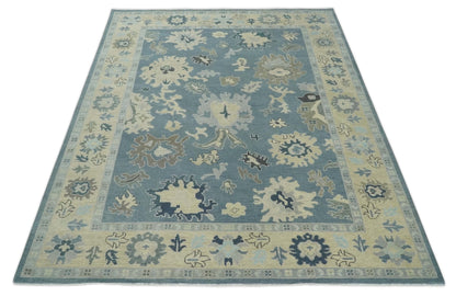 Antique Charcoal and Beige Hand Knotted Traditional Oushak Wool Area Rug.