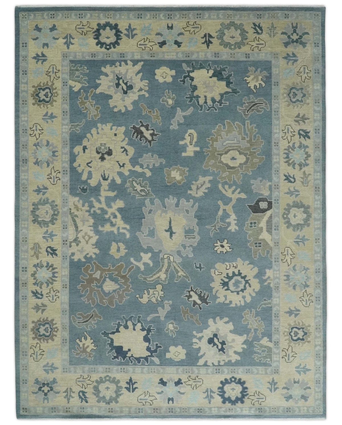 Antique Charcoal and Beige Hand Knotted Traditional Oushak Wool Area Rug.