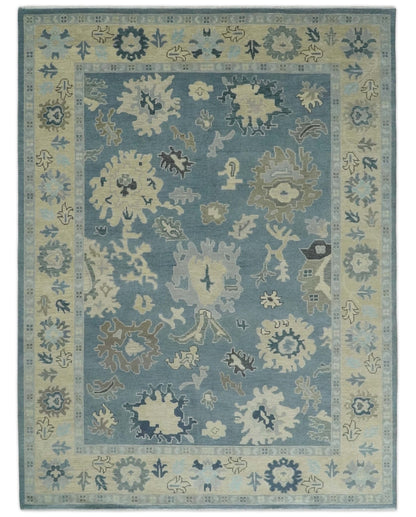 Antique Charcoal and Beige Hand Knotted Traditional Oushak Wool Area Rug.