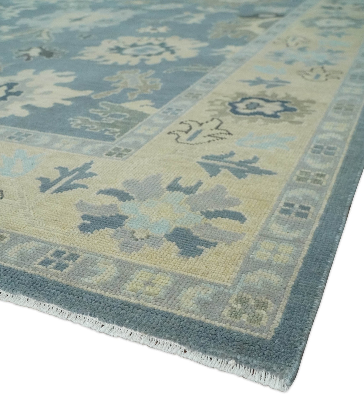 Antique Charcoal and Beige Hand Knotted Traditional Oushak Wool Area Rug.