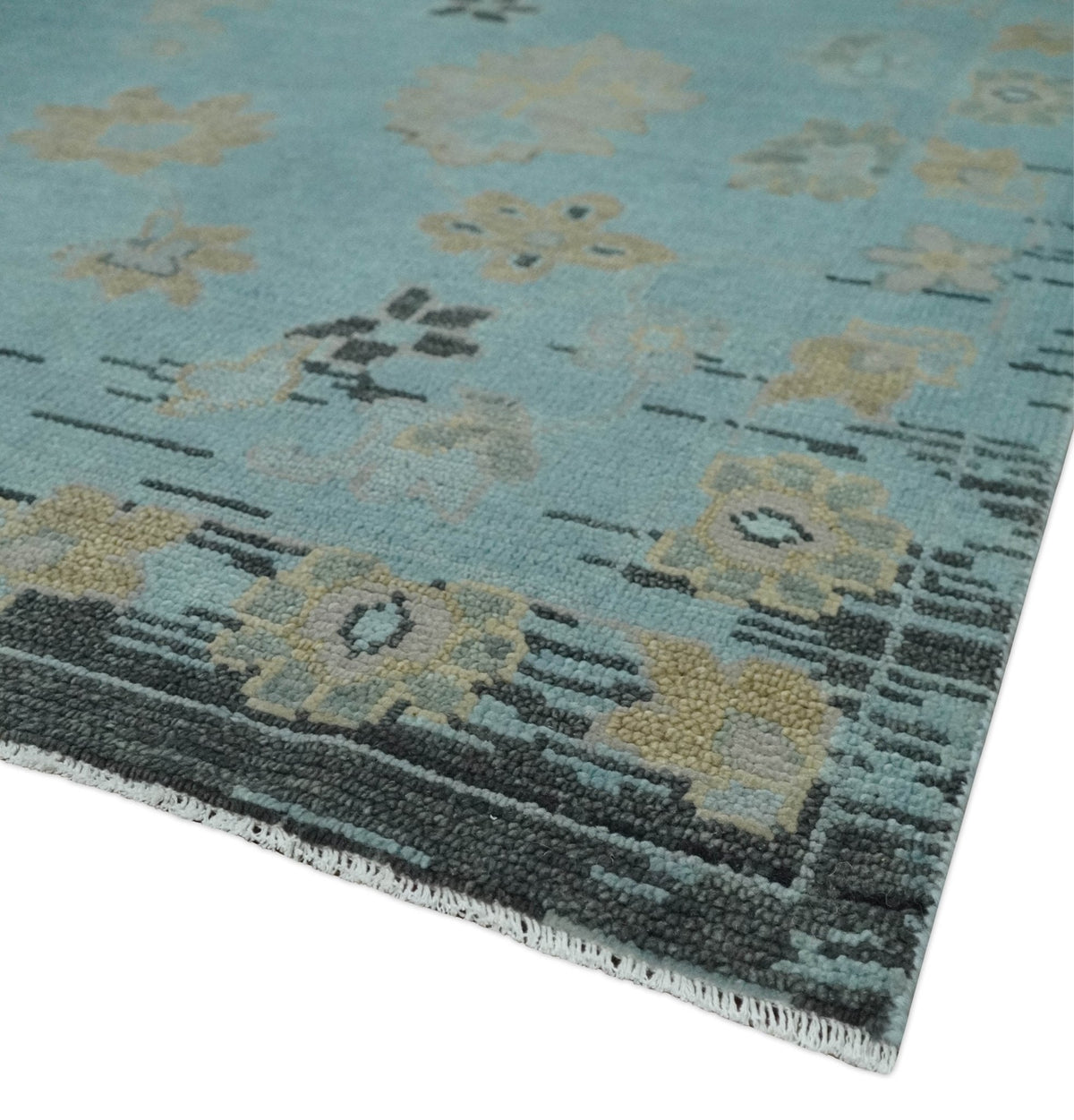 Antique Blue And Charcoal Hand knotted Traditional Oushak Wool Area Rug.