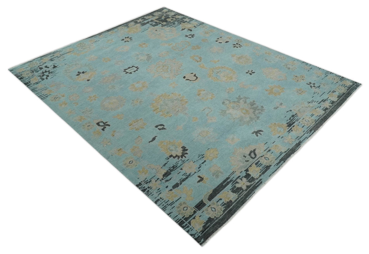 Antique Blue And Charcoal Hand knotted Traditional Oushak Wool Area Rug.