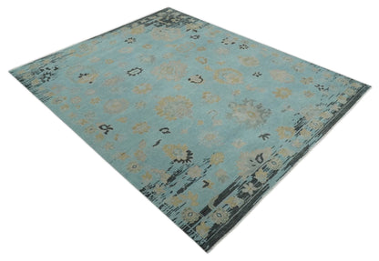 Antique Blue And Charcoal Hand knotted Traditional Oushak Wool Area Rug.