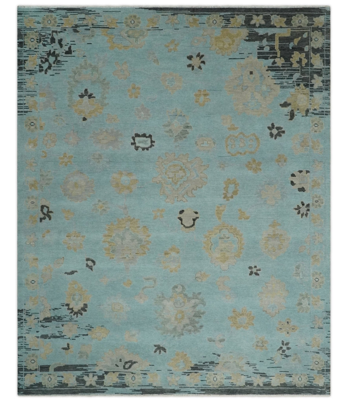 Antique Blue And Charcoal Hand knotted Traditional Oushak Wool Area Rug.
