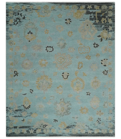 Antique Blue And Charcoal Hand knotted Traditional Oushak Wool Area Rug.
