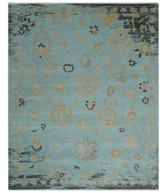 Antique Blue And Charcoal Hand knotted Traditional Oushak Wool Area Rug.