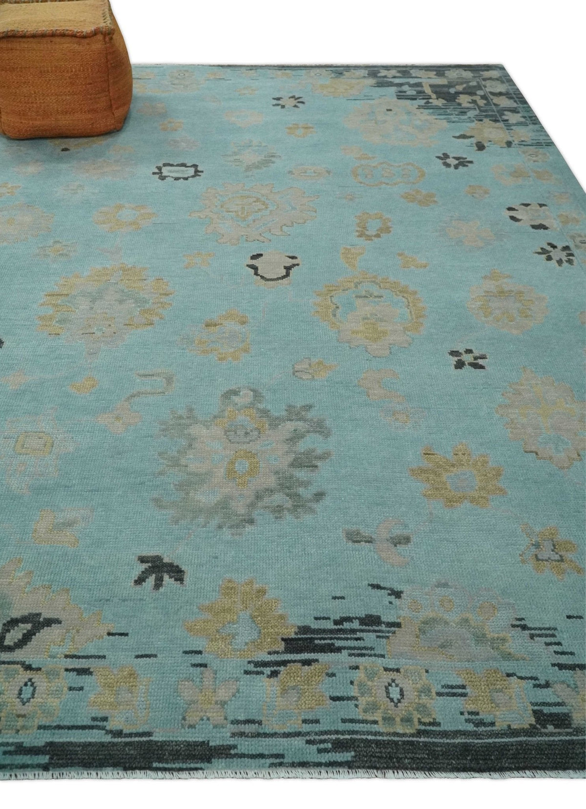 Antique Blue And Charcoal Hand knotted Traditional Oushak Wool Area Rug.