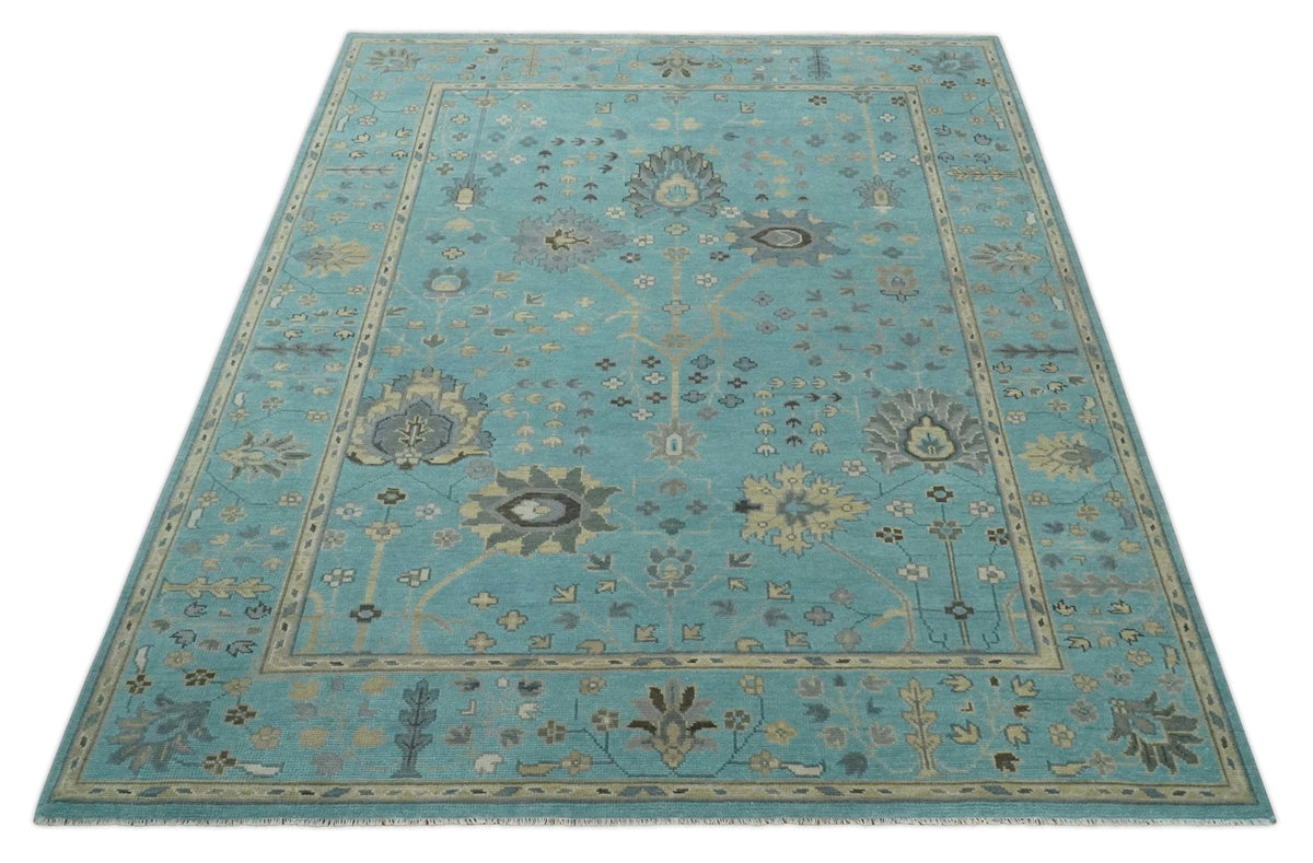 Antique Blue and Beige Hand Knotted Traditional Floral Wool Area Rug.