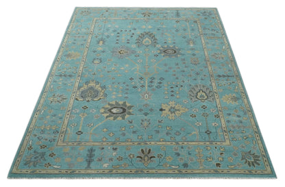 Antique Blue and Beige Hand Knotted Traditional Floral Wool Area Rug.