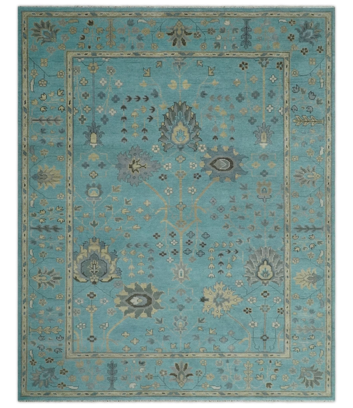Antique Blue and Beige Hand Knotted Traditional Floral Wool Area Rug.