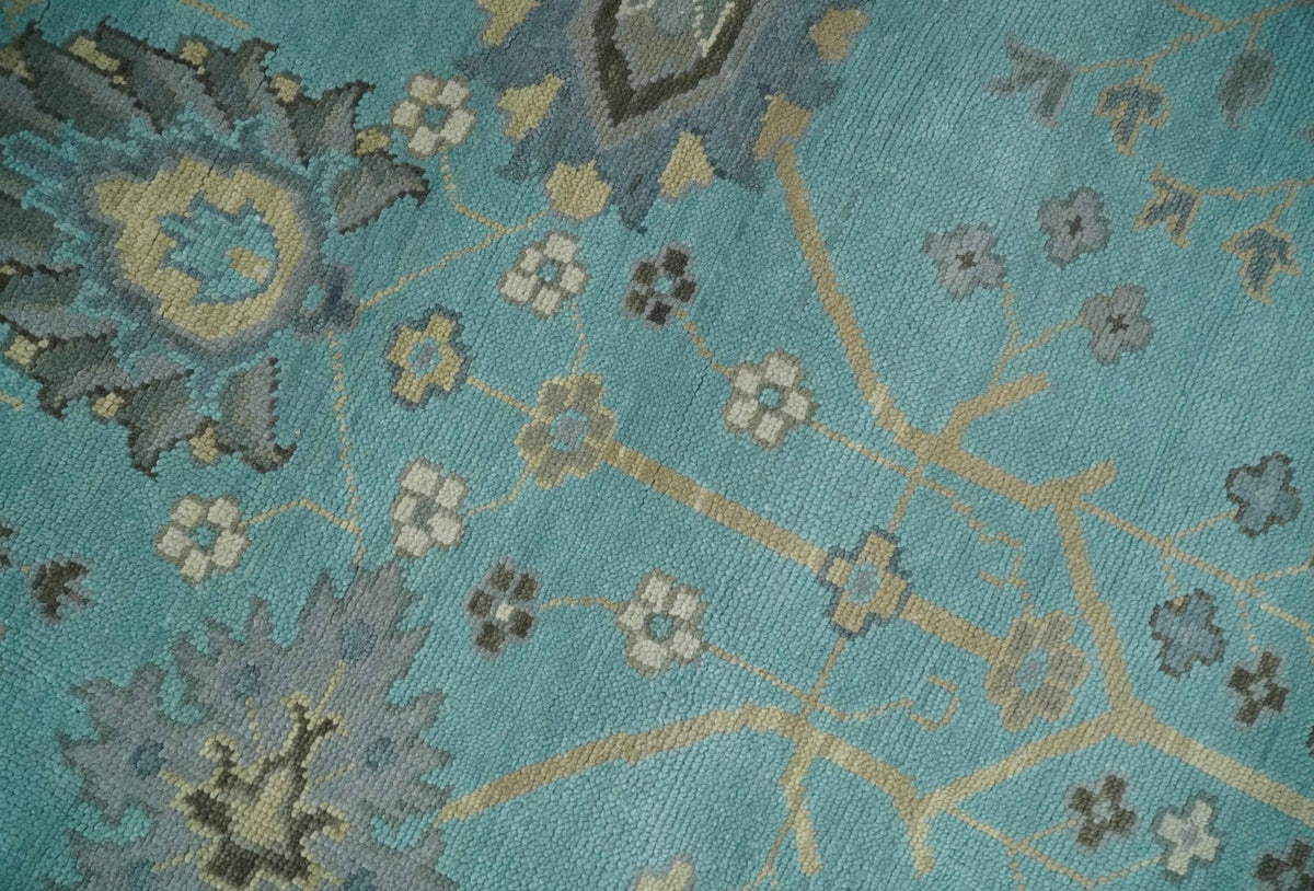 Antique Blue and Beige Hand Knotted Traditional Floral Wool Area Rug.