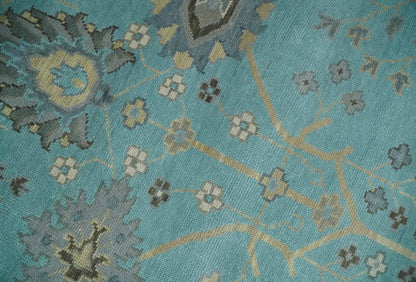Antique Blue and Beige Hand Knotted Traditional Floral Wool Area Rug.