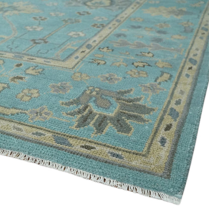 Antique Blue and Beige Hand Knotted Traditional Floral Wool Area Rug.