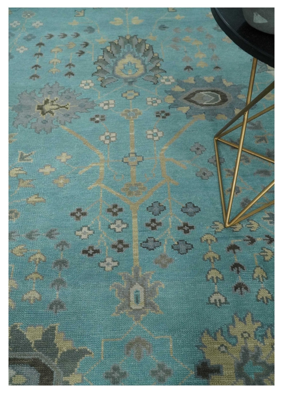 Antique Blue and Beige Hand Knotted Traditional Floral Wool Area Rug.