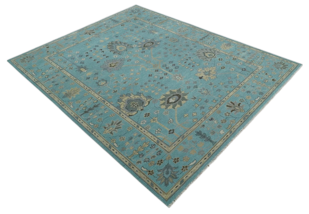 Antique Blue and Beige Hand Knotted Traditional Floral Wool Area Rug.