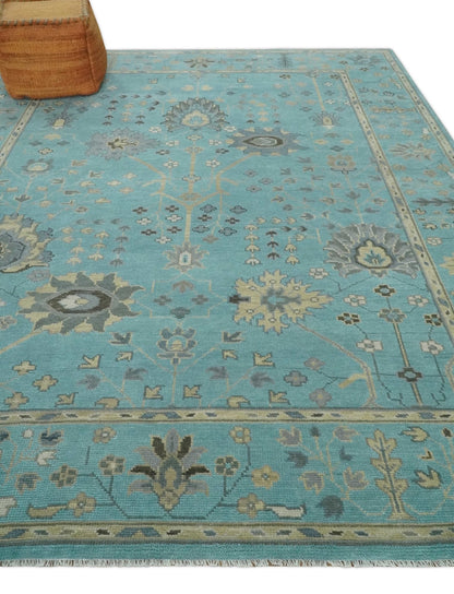Antique Blue and Beige Hand Knotted Traditional Floral Wool Area Rug.