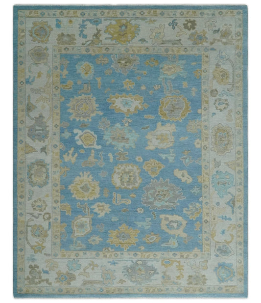 Blue and Beige Hand Knotted Traditional Oushak Design wool Rug.