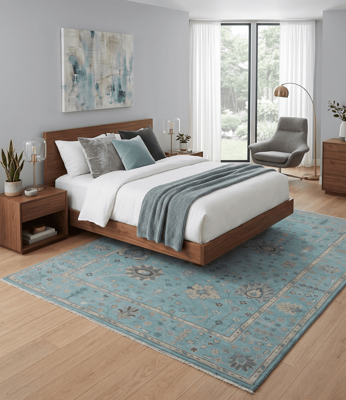 Antique Blue and Beige Hand Knotted Traditional Floral Wool Area Rug.
