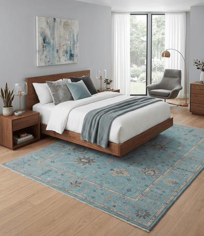 Antique Blue and Beige Hand Knotted Traditional Floral Wool Area Rug.