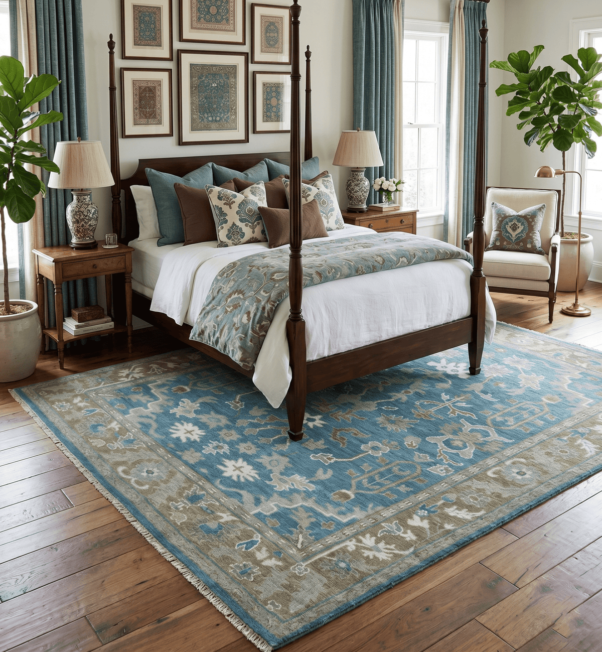 Antique Blue and Brown Traditional Persian Hand Knotted Wool Area Rug.