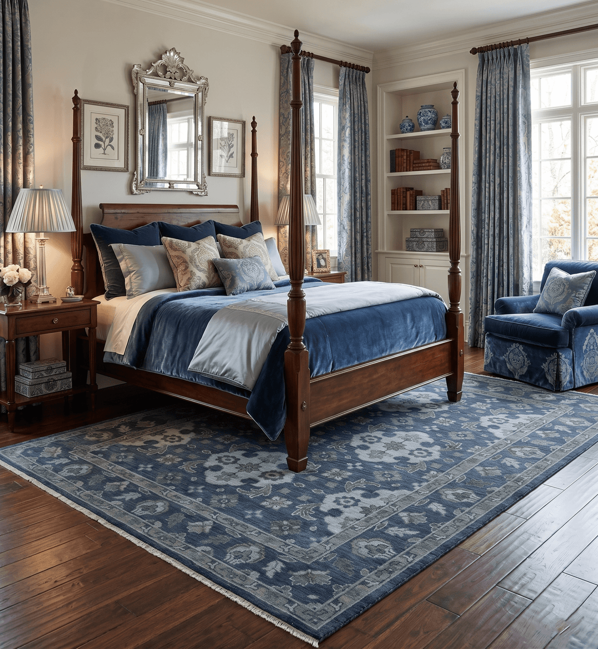 Antique Blue and Silver Hand Knotted Traditional Vintage Wool Rug.