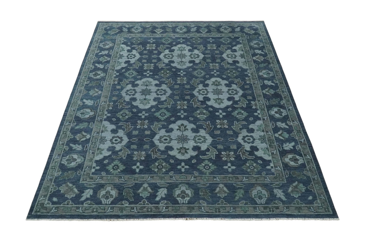 Antique Blue and Silver Hand Knotted Traditional Vintage Wool Rug.