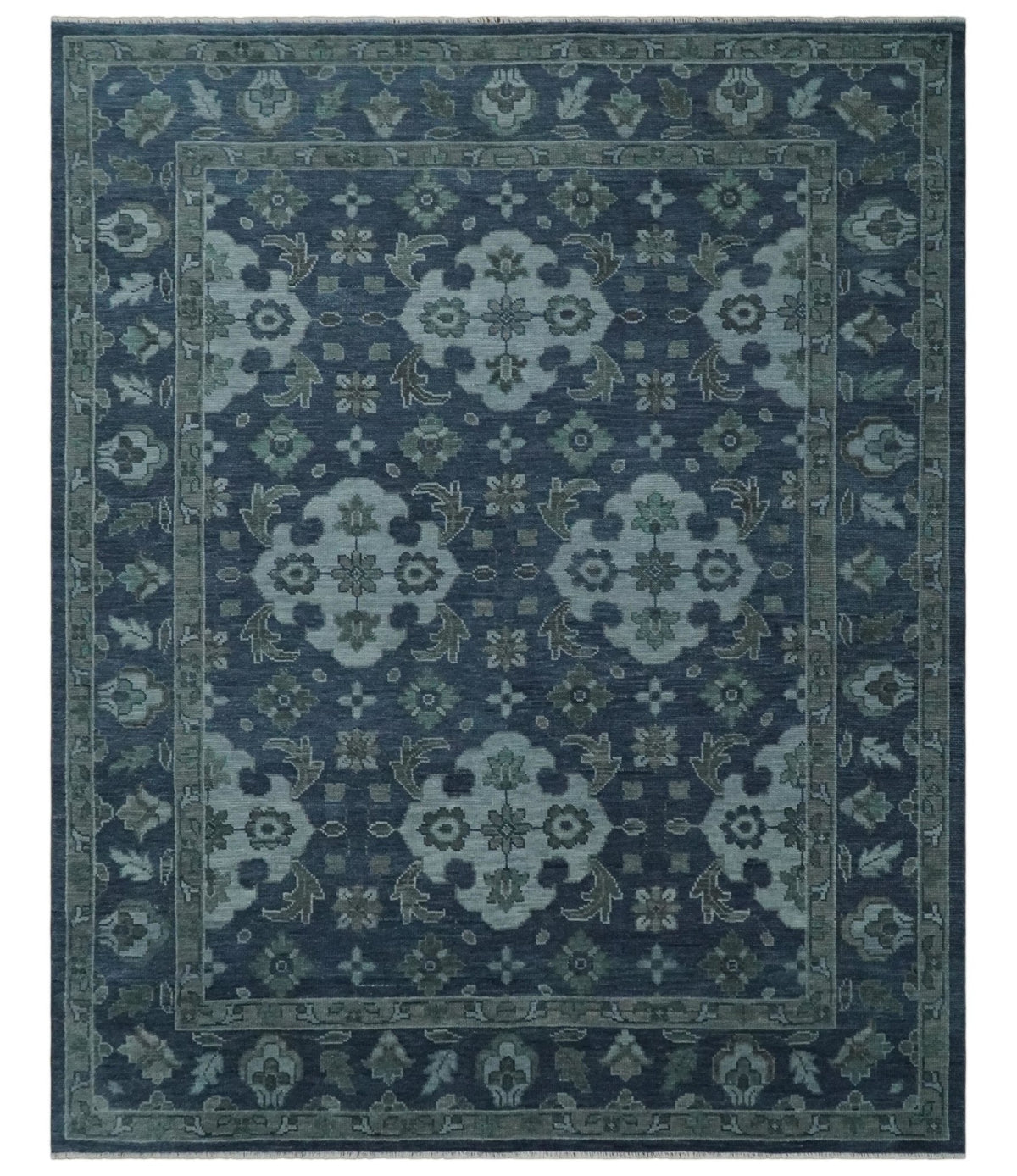 Antique Blue and Silver Hand Knotted Traditional Vintage Wool Rug.