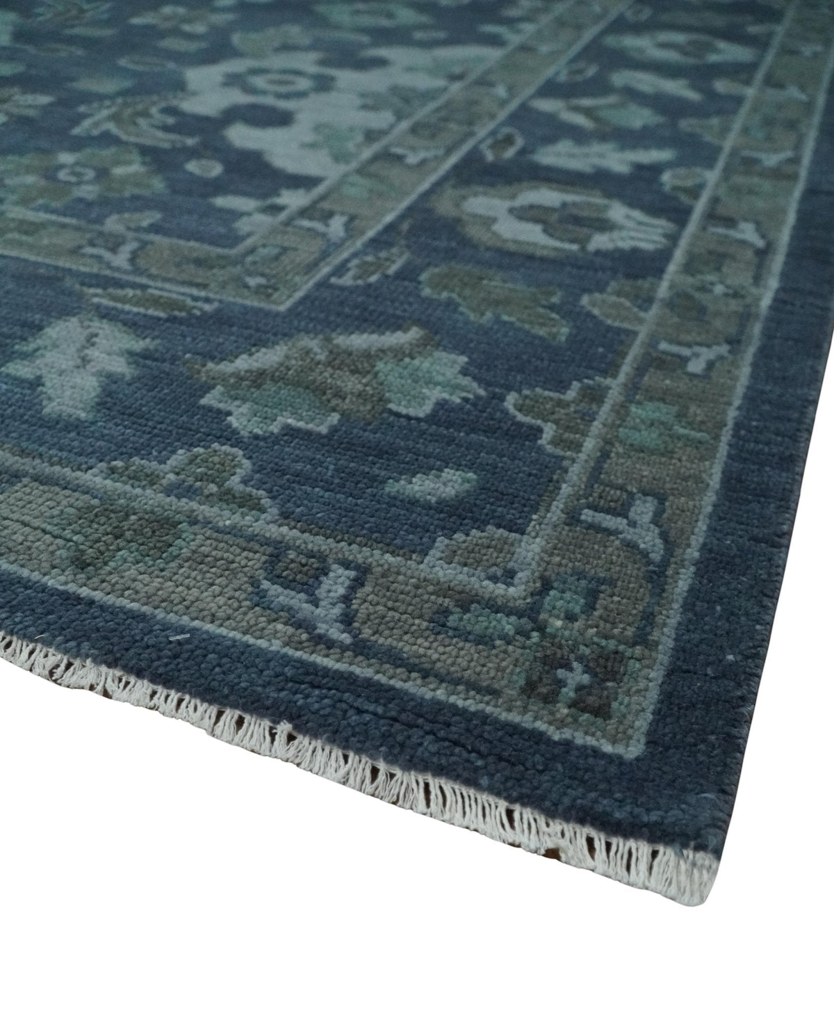 Antique Blue and Silver Hand Knotted Traditional Vintage Wool Rug.