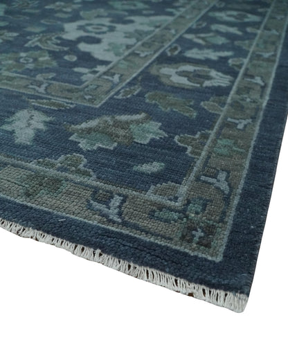 Antique Blue and Silver Hand Knotted Traditional Vintage Wool Rug.